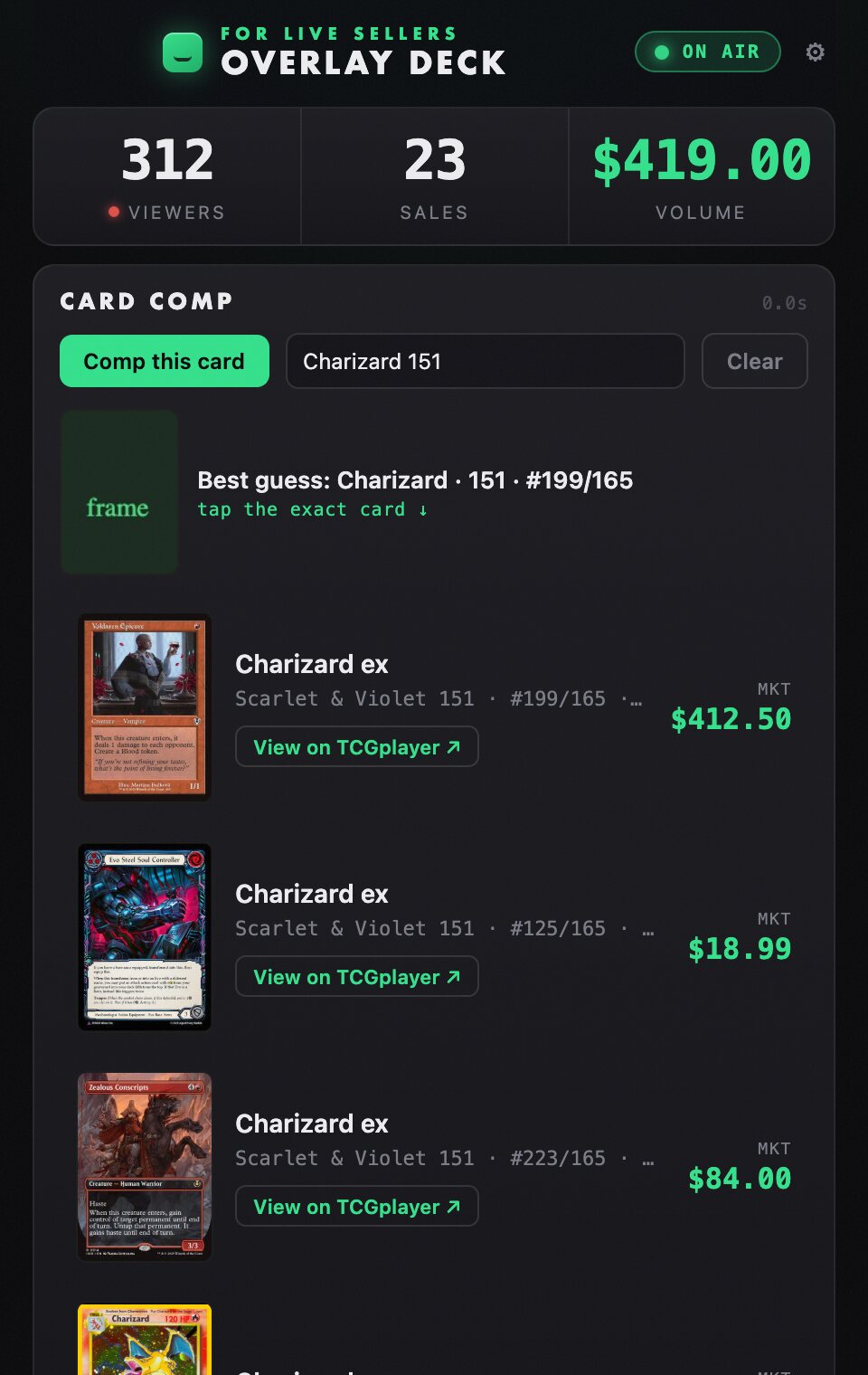 Card Comp results: AI best guess plus matching cards with set, rarity, market price and a TCGplayer link each