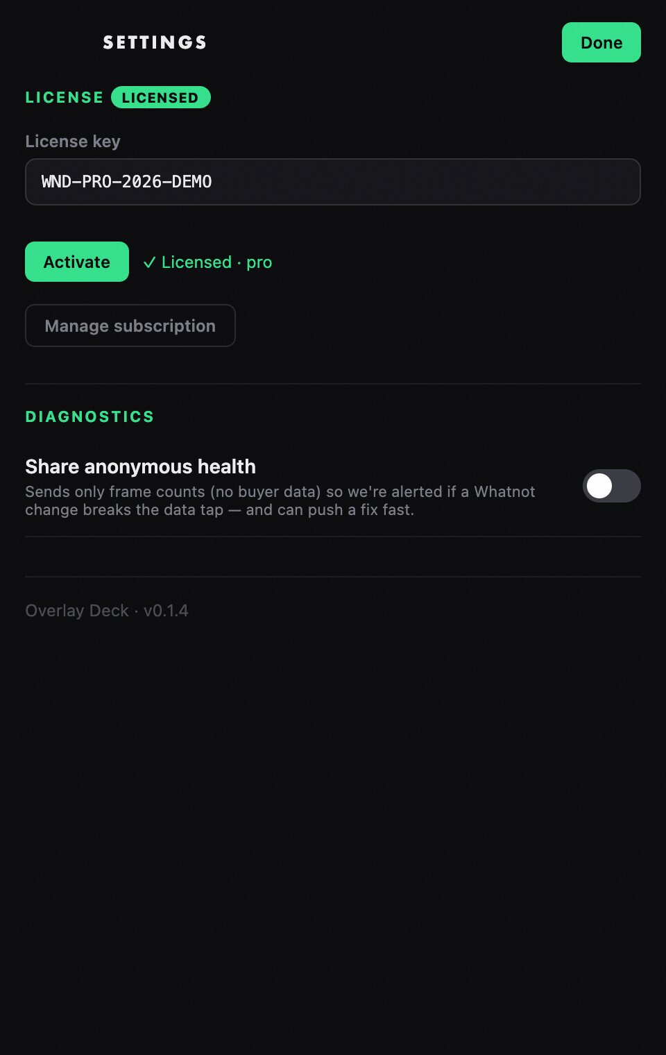 Overlay Deck settings: license activation, subscription management, and anonymous-health diagnostics
