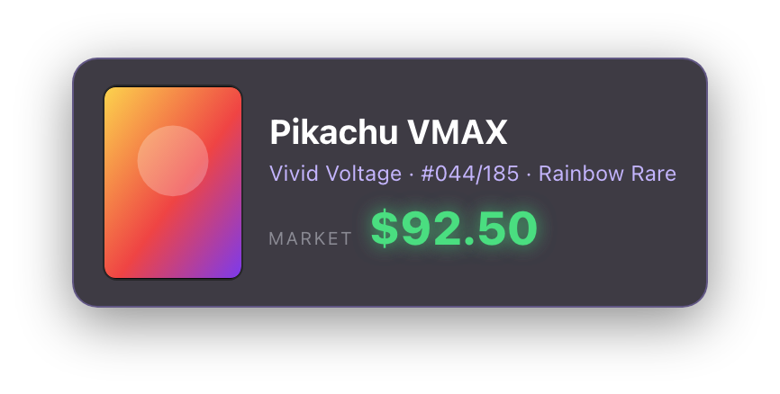 A card comp overlay showing a market price