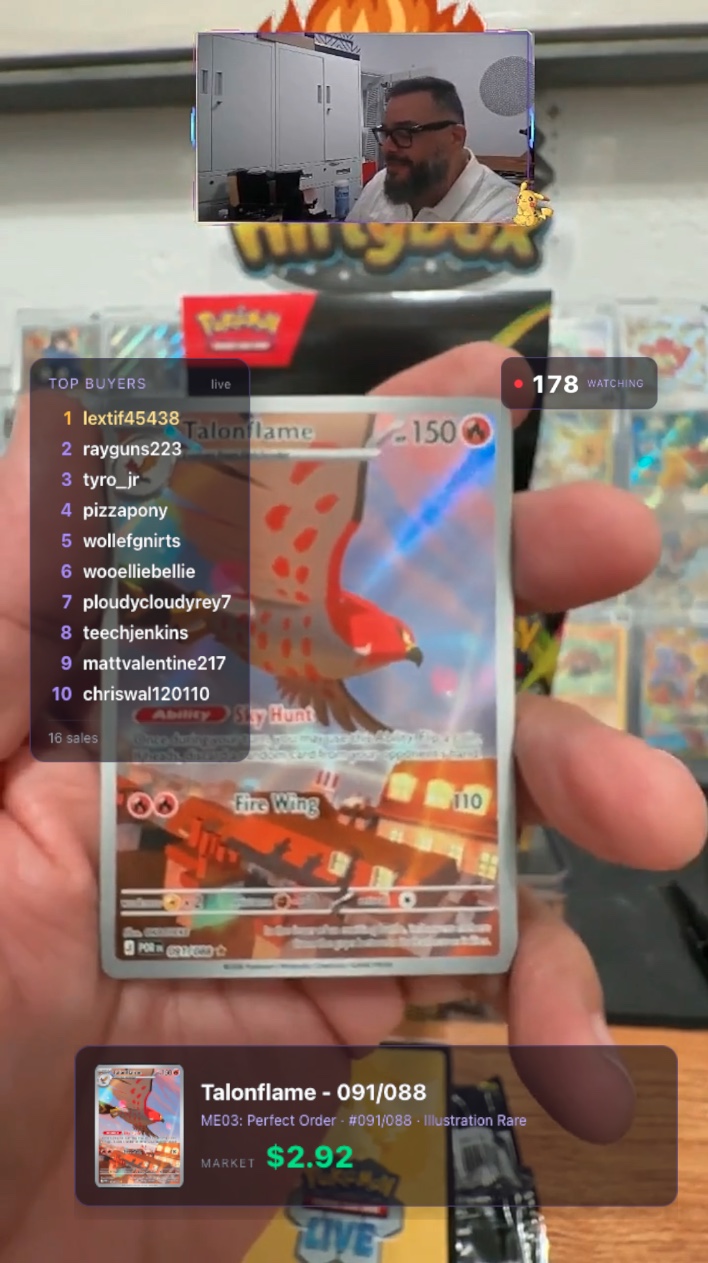Live Whatnot stream showing the Top Buyers leaderboard, live viewer count, and a card comp overlay